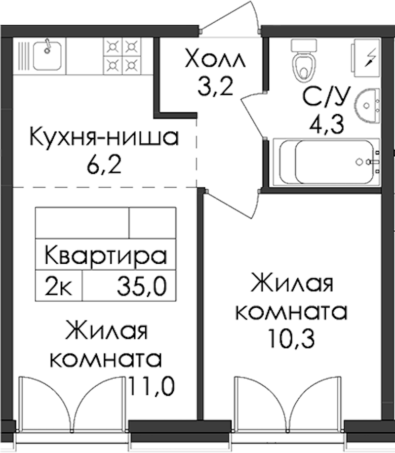 1-комнатная квартира 35 м², 5/7 эт., ЖК «Лермонтовский 54»